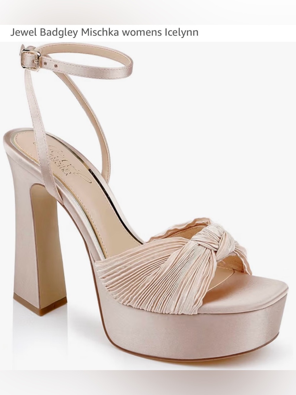 Jewel Badgley Mischka Icelynn Latte satin knotted platform sandal